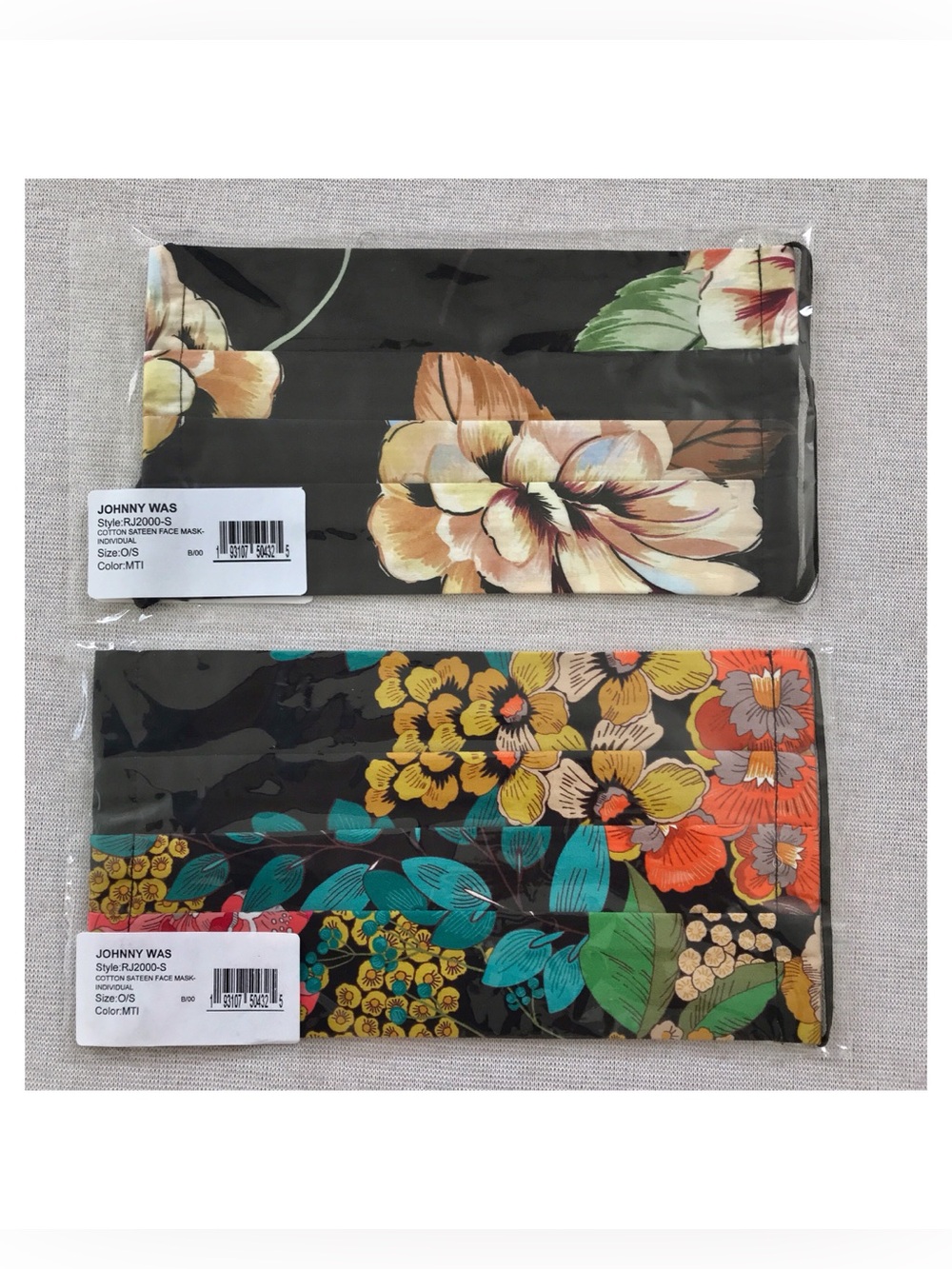 Johnny Was NWT 2 Floral Cotton Face Masks Tropical Flowers Pink Blue & Black